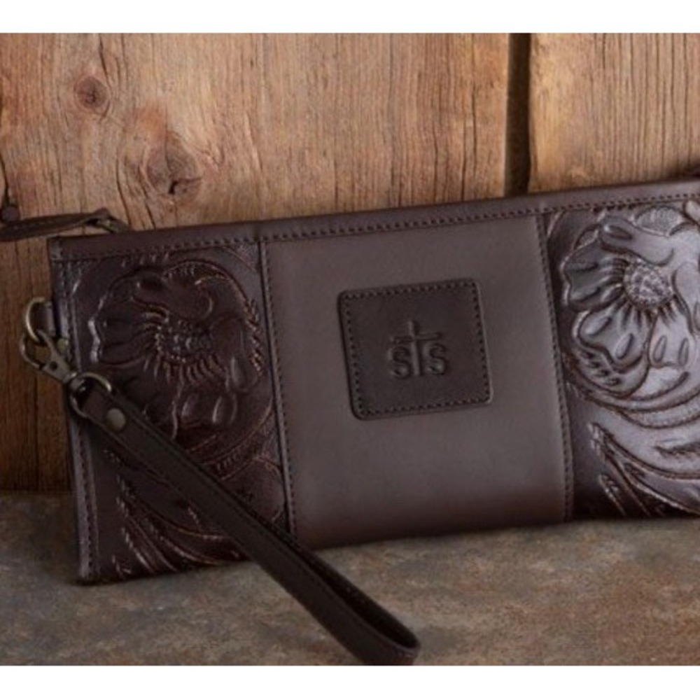 STS Ranchwear Dark Brown Tooled Leather Wristlet Clutch